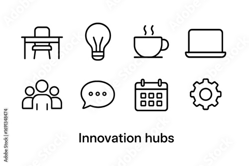 Innovation Hub Icons. Outline icon set of innovation hubs: coworking desk, light bulb, coffee cup, laptop,