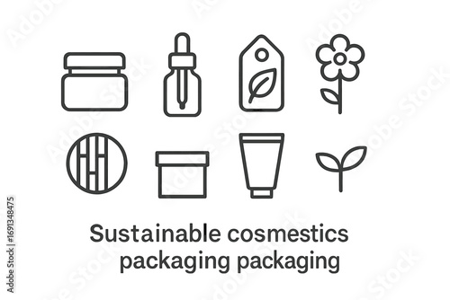 Sustainable Cosmetics Icons. Outline icon set of sustainable cosmetics packaging: cream jar, dropper bottle,