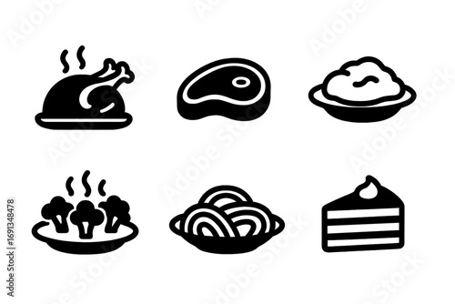 Dinner Food Icons. Solid, filled icon set of dinner foods: roasted chicken, steak, fish fillet, mashed potatoes, steamed