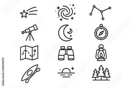 Starry Expedition Icons. Outline icon set of starry night expeditions: shooting star, Milky Way, constellation