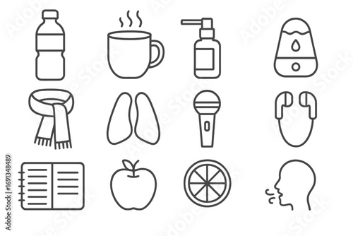 Vocal Health Essentials Icons. Outline icon set of vocal health essentials: water bottle, tea mug, throat