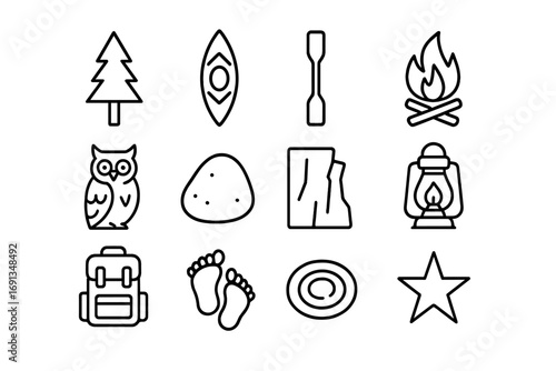 Forest Adventure Icons. Outline icon set of forest river expeditions: pine tree, kayak, paddle, campfire, owl,