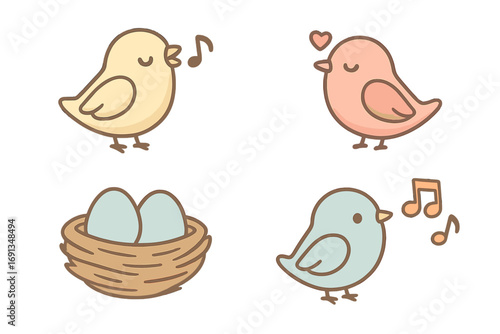 Cute bird character icon set. Kawaii cartoon birds singing music notes, in love with heart, and nest with eggs. Sweet pastel animal vector illustration for spring.