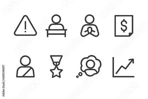 Discipline Icons Set. Outline icon set of discipline consequences: warning sign, detention, apology, fine, suspension, reward,