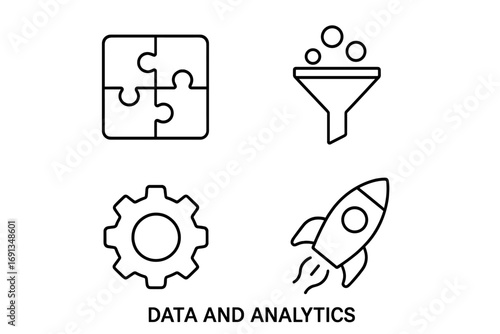 Data analytics icon set for business strategy and growth. Vector outline icons of puzzle for solutions, funnel for sales conversion, gear for process, and rocket for startup.