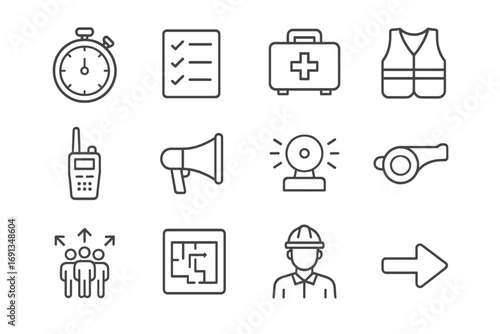 Emergency Training Icons. Outline icon set of rapid response training: stopwatch, checklist, emergency kit,