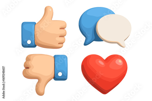 Social media 3d icon collection. Like, dislike, thumbs up, thumbs down, love heart, comment speech bubble. Vector cartoon emoji set for web, app, ui, ux design and user feedback.