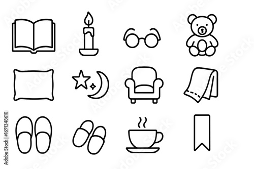 Cozy Bedtime Icons. Outline icon set of holiday bedtime stories: open book, candle, reading glasses, teddy