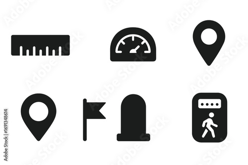 Distance Measurement Icons. Solid, filled icon set of distance measurement: ruler, tape measure, odometer, map pin, GPS marker,