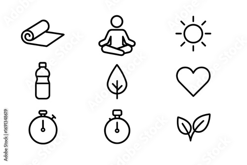 Outdoor Yoga Icons. Outline icon set of outdoor yoga: yoga mat, lotus pose, sun, water bottle, tree, heart,