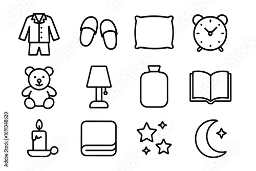 Holiday Bedtime Essentials Icons. Outline icon set of holiday bedtime essentials: pajamas, slippers, pillow,