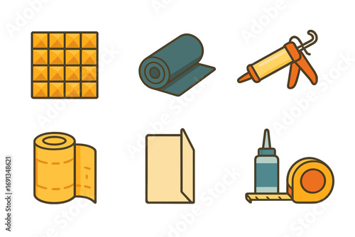 Colorful Soundproofing Icons. Flat vector mini-illustrations Soundproofing materials in colors children's illustrations: foam