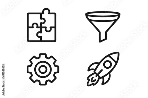 Business process and startup development icon set. Metaphor for strategy, puzzle, solution, marketing funnel, settings, gear, development, product launch, rocket, growth.