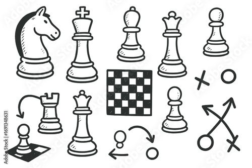 Hand drawn chess doodle set. Collection of vector sketch game pieces. King, queen, knight, pawn. Strategy, tactics, and planning icon illustration for board games.