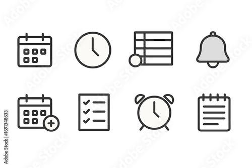 Dispatch Scheduling Icons. Outline icon set of dispatch scheduling: calendar, clock, shift schedule, notification bell, calendar