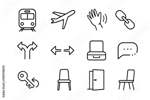 Icons of Separation. Outline icon set of separation: train leaving, airplane flying away, waving hand, broken