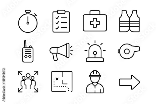 Emergency Training Icons. Outline icon set of rapid response training: stopwatch, checklist, emergency kit,