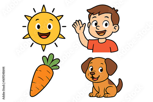Cute cartoon collection with smiling sun, waving boy, happy puppy dog, and fresh carrot. Set of colorful vector elements for kids, education, and fun designs. Isolated clip art.