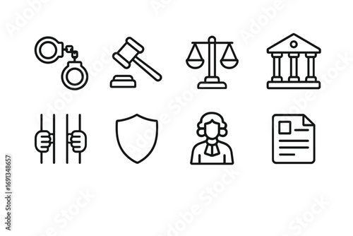 Criminal Justice Icons. Outline icon set of criminal justice courts: handcuffs, gavel, scales, courthouse,