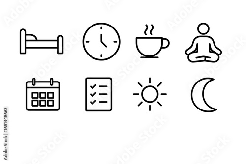 Balanced Life Icons. Outline icon set of balanced work and rest: bed, clock, tea cup, yoga pose, calendar,
