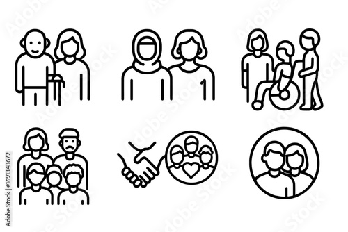 Diverse Unity Icons. Outline icon set of together diversity: different ages, cultures, genders, abilities, clothing styles,