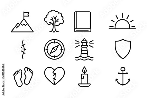Resilience Icon Collection. Outline icon set of resilience after heartbreak: mountain peak, strong tree,