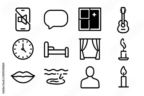 Silence After Love Icons. Outline icon set of silence after love: muted phone, empty message bubble, dark