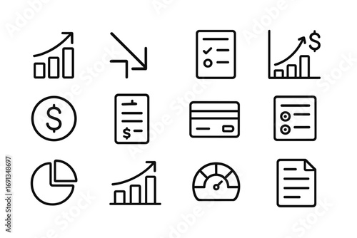 Financial Metrics Icons. Outline icon set of financial metrics: profit bar, loss arrow, balance sheet, ROI