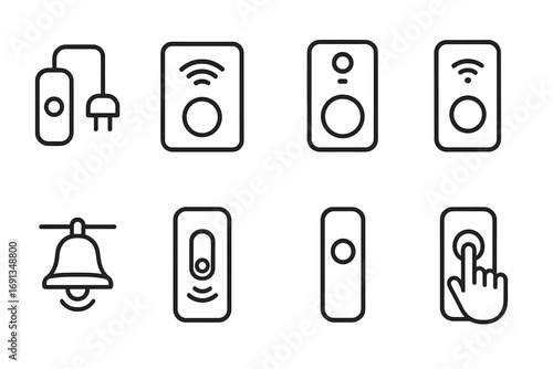 Doorbell Icon Set. Outline icon set of doorbell types: wired doorbell, wireless doorbell, video doorbell, smart doorbell,