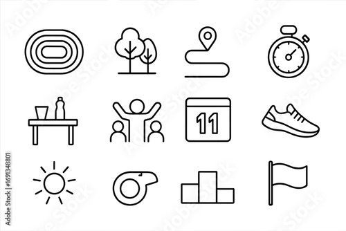 Outdoor Sports Icons. Outline icon set of outdoor sports events: running track, park trees, marathon route,