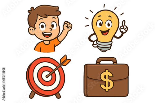 Business success concept vector cartoon icons. Goal achievement, startup idea, financial strategy. Boy celebrating, lightbulb character, target with arrow, and money briefcase.