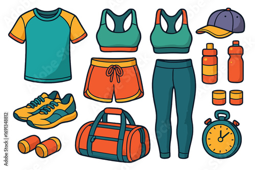 Sportswear and fitness accessories collection. Vector cartoon set with gym clothes like sports bra, leggings, shorts. Workout equipment for active lifestyle illustration.