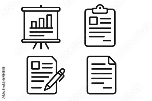 Business documents outline icon set. Presentation chart board, clipboard report, contract agreement icons. Data analysis, statistics graph. Simple linear vector symbols for web.