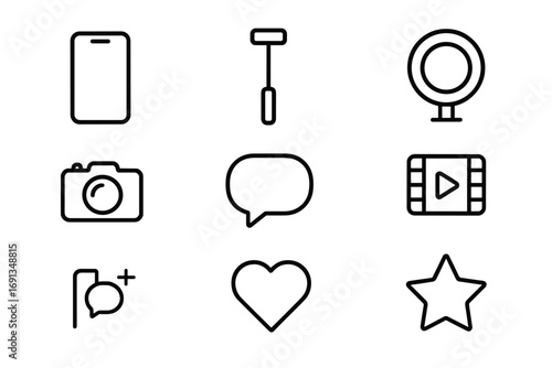 Influencer Tools Icons. Outline icon set of influencer content creation: smartphone, selfie stick, ring light,
