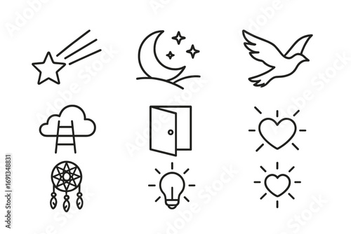 Dream Icon Set. Outline icon set of longing dreams: shooting star, moonlit night, open door, flying bird, cloud ladder, dream