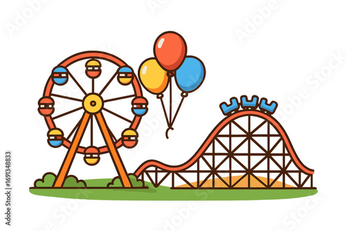 Amusement park vector illustration. Funfair, carnival, festival concept. Ferris wheel, roller coaster, attraction, ride, balloons. Entertainment, fun, leisure, recreation.