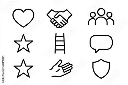 Mutual Support Icons. Outline icon set of mutual support: heart, handshake, group of people, helping hand,