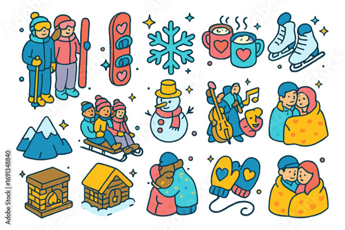Colorful Isometric Icon Set. Colorful isometric vector icons set of snowy romantic getaways: couple in ski gear, snowboard with