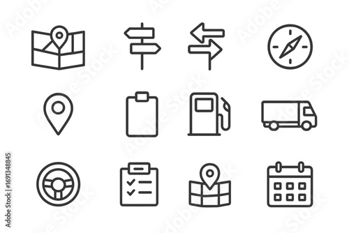 Route Management Icons. Outline icon set of route management: GPS map, road sign, arrow directions, compass,