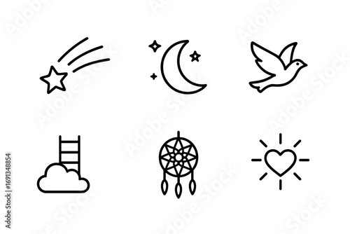 Dream Icon Set. Outline icon set of longing dreams: shooting star, moonlit night, open door, flying bird, cloud ladder, dream