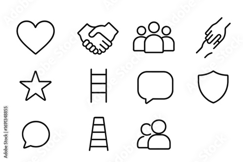 Mutual Support Icons. Outline icon set of mutual support: heart, handshake, group of people, helping hand,