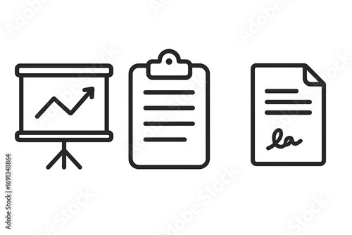 Business icon set with presentation growth chart, clipboard checklist, and signed contract. Simple linear vector icons for report, analysis, agreement, and finance concepts.