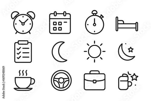 Working Hours Icons. Outline icon set of working hours: alarm clock, calendar, stopwatch, clipboard, checklist