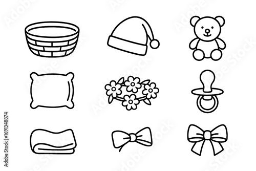 Newborn Props Icons. Outline icon set of props for newborn photography: basket, blanket, hat, toy bear, pillow