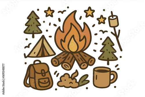 Cozy bonfire doodle set with camping elements. Vector cartoon illustration of campfire, tent, backpack, marshmallow, and pine tree. Outdoor adventure, hiking, and travel concept.