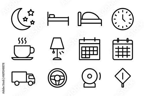 Night Shift Icons. Outline icon set of night shifts: moon, stars, bed, clock, coffee cup, lamp, timetable,