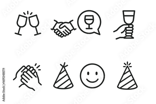 Drink Gesture Icons. Outline icon set of drink gestures: clinking glasses, cheers hands, handshake, toast speech bubble, raised