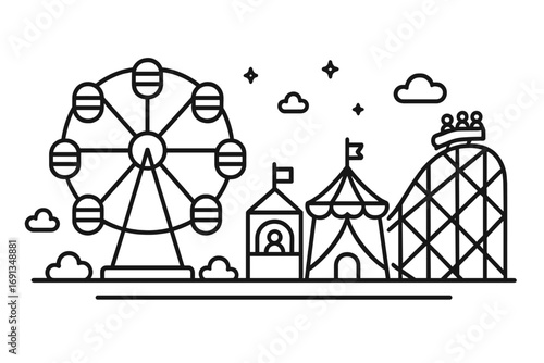 Amusement park outline vector icon set. Funfair carnival with ferris wheel, roller coaster and circus tent. Linear theme park landscape for entertainment and fun.