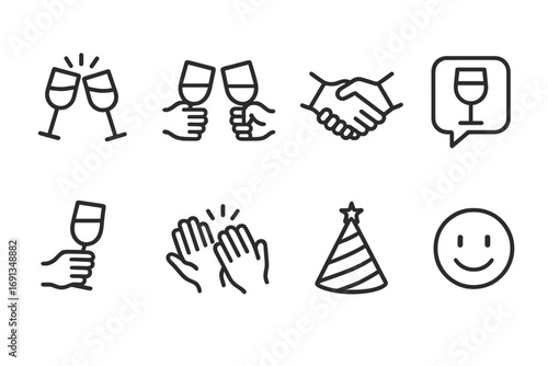 Drink Gesture Icons. Outline icon set of drink gestures: clinking glasses, cheers hands, handshake, toast speech bubble, raised