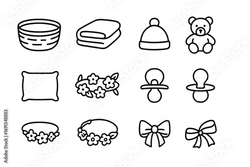 Newborn Props Icons. Outline icon set of props for newborn photography: basket, blanket, hat, toy bear, pillow